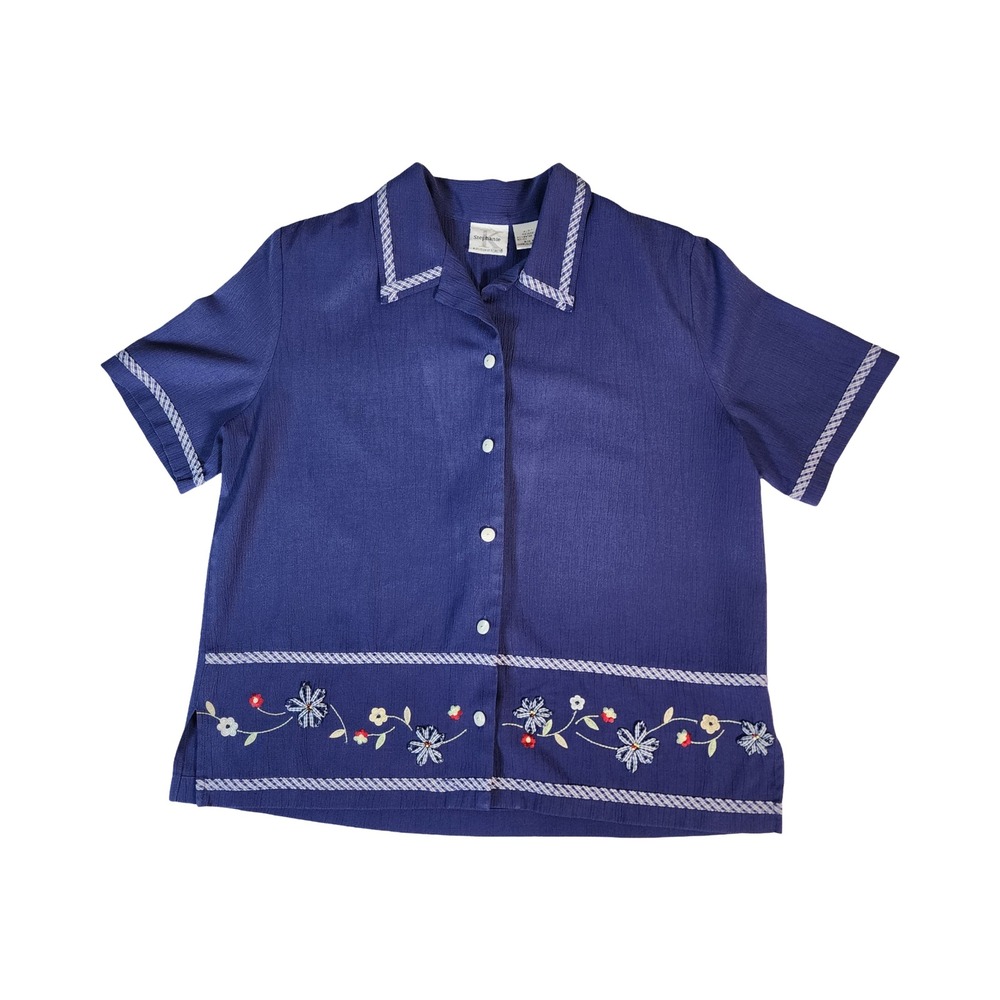 Stephanie‎ K Navy Blue Floral Embroidered Button Down Shirt Gingham Trim Size M